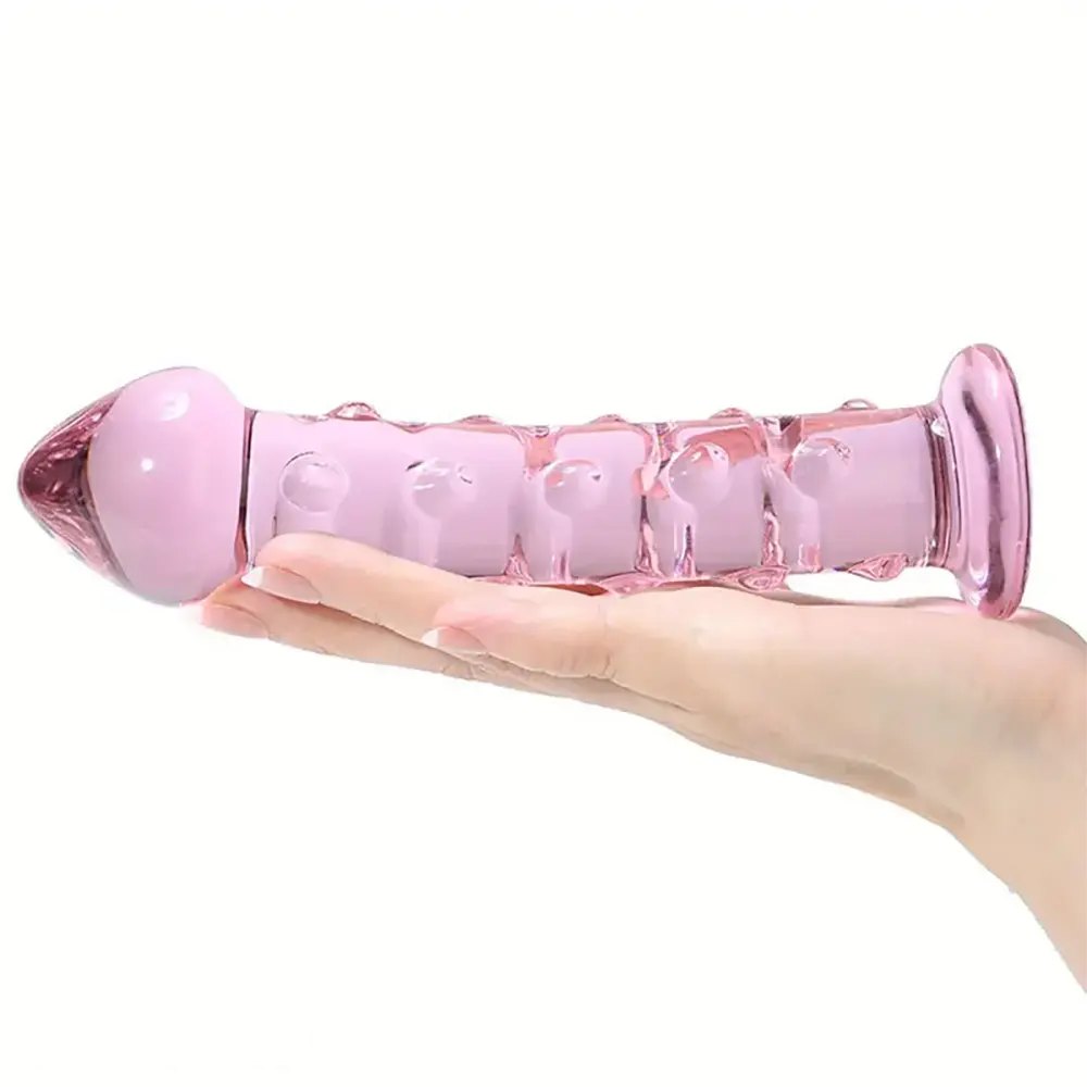Pink ribbed glass dildo, photo 6