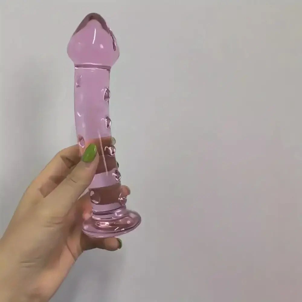 Pink ribbed glass dildo, photo 7