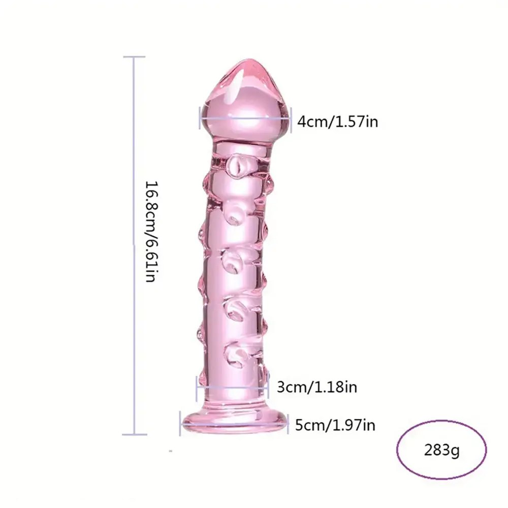Pink ribbed glass dildo, photo 8