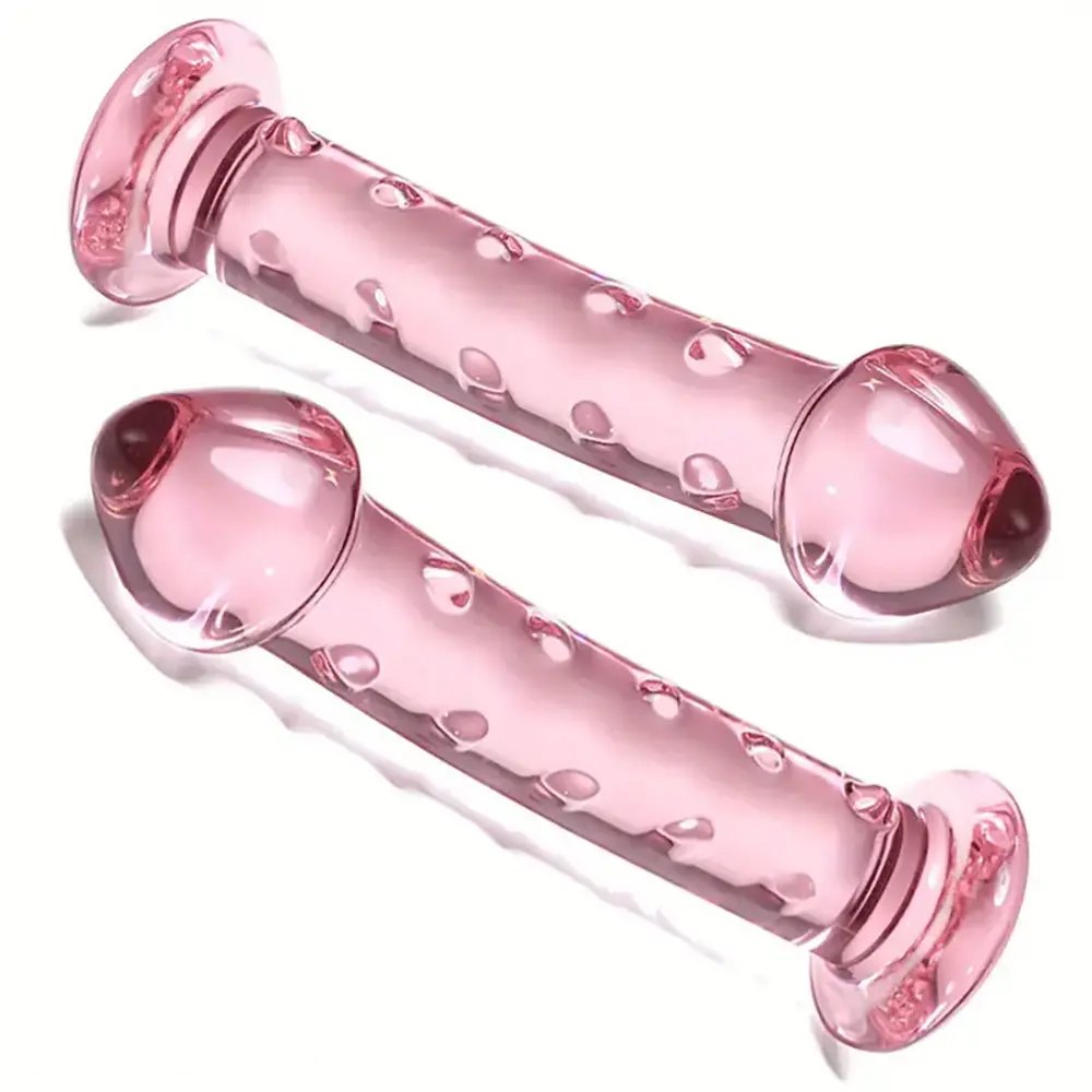 Pink ribbed glass dildo, photo 9