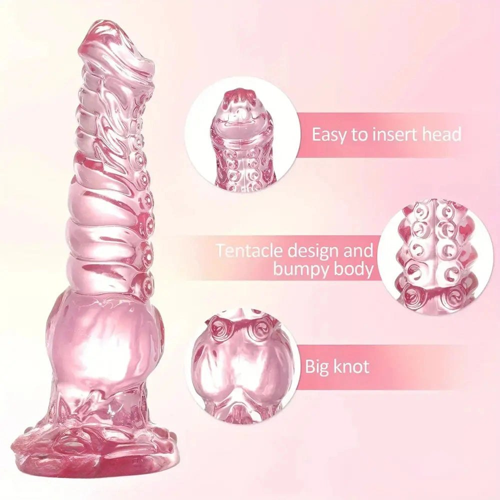 Translucent pink ridged fantasy dildo, photo 2