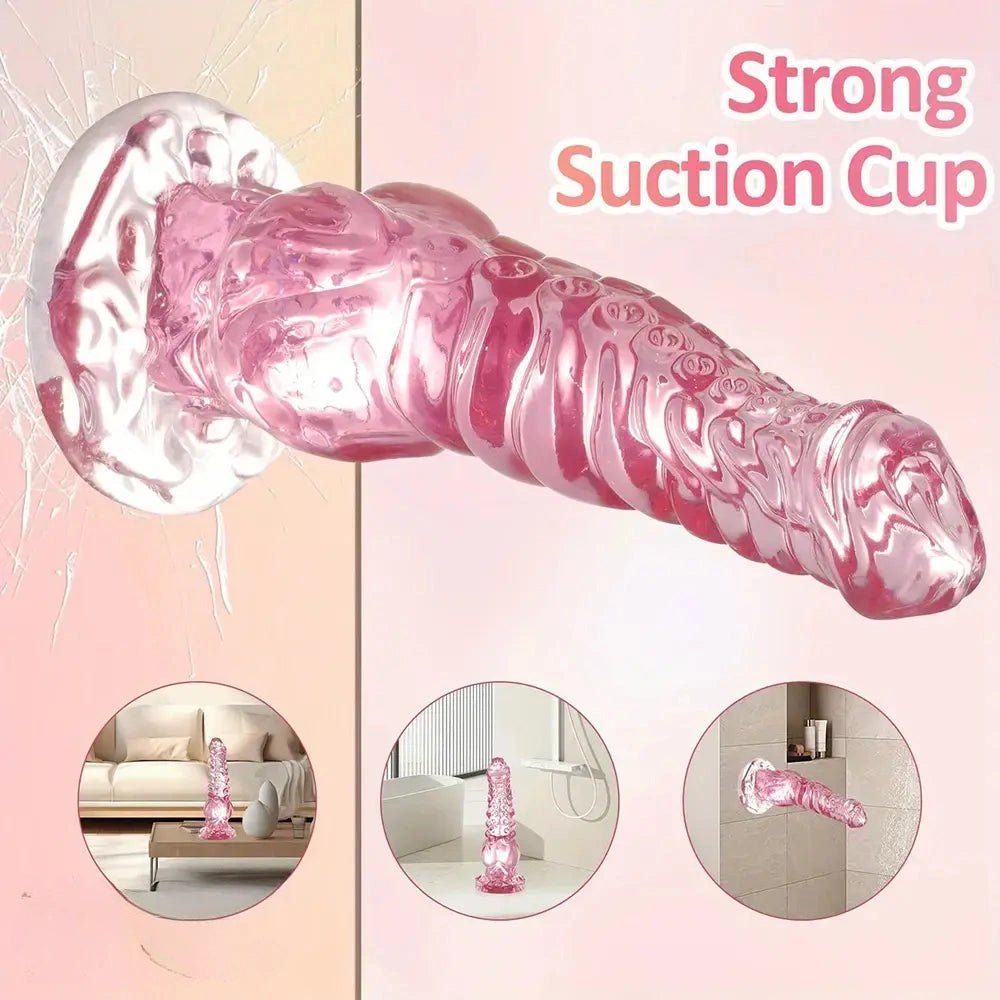 Translucent pink ridged fantasy dildo, photo 3