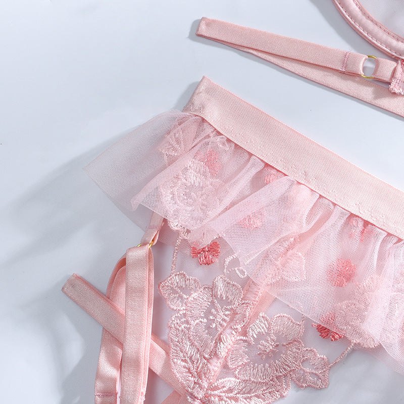 Pink ruffled lace garter bra set, photo 3