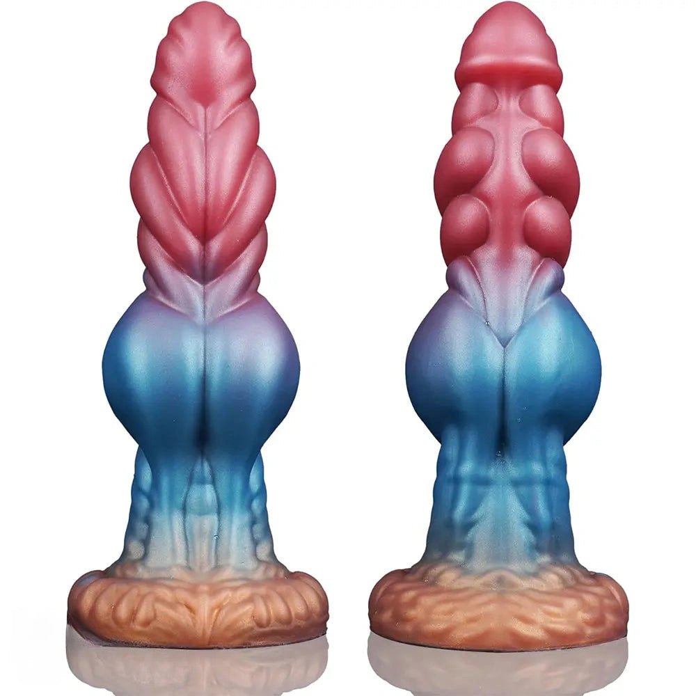 Blue to pink ombre silicone knot dildo with feathered ridges, photo 1