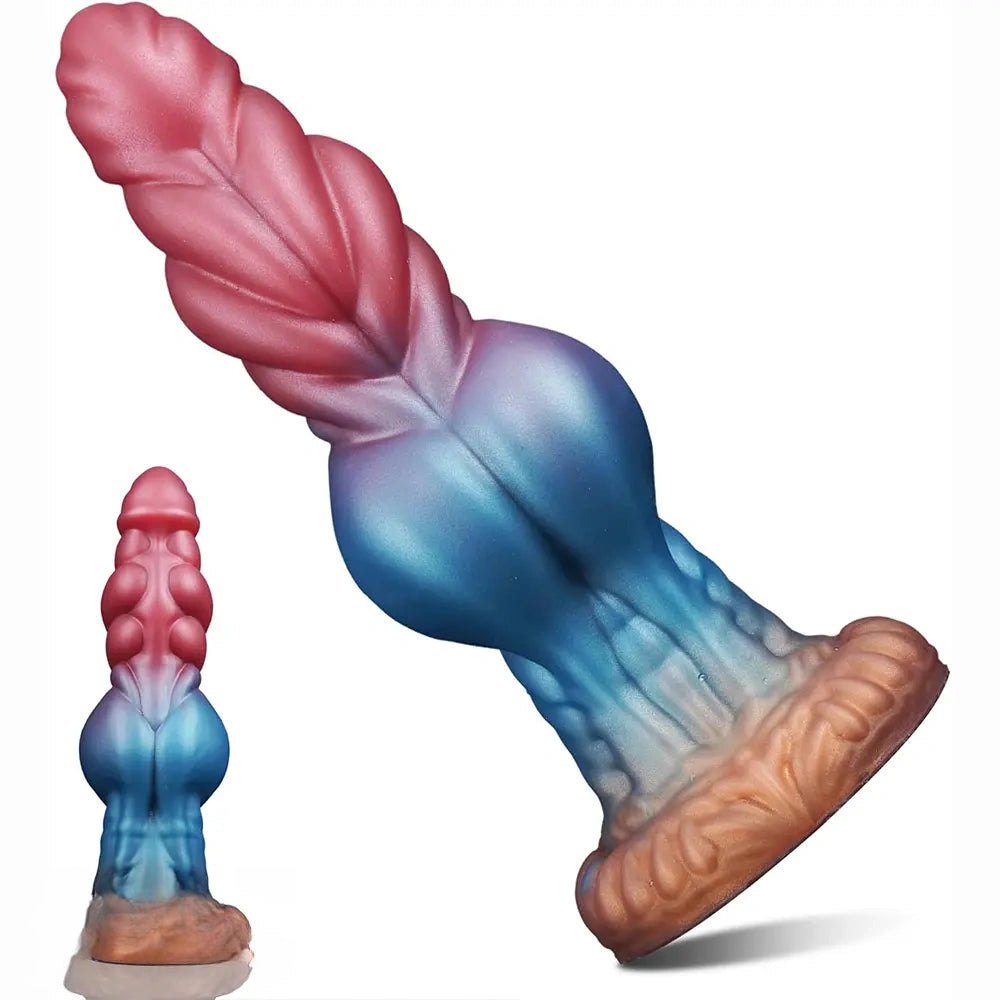 Blue to pink ombre silicone knot dildo with feathered ridges, photo 2