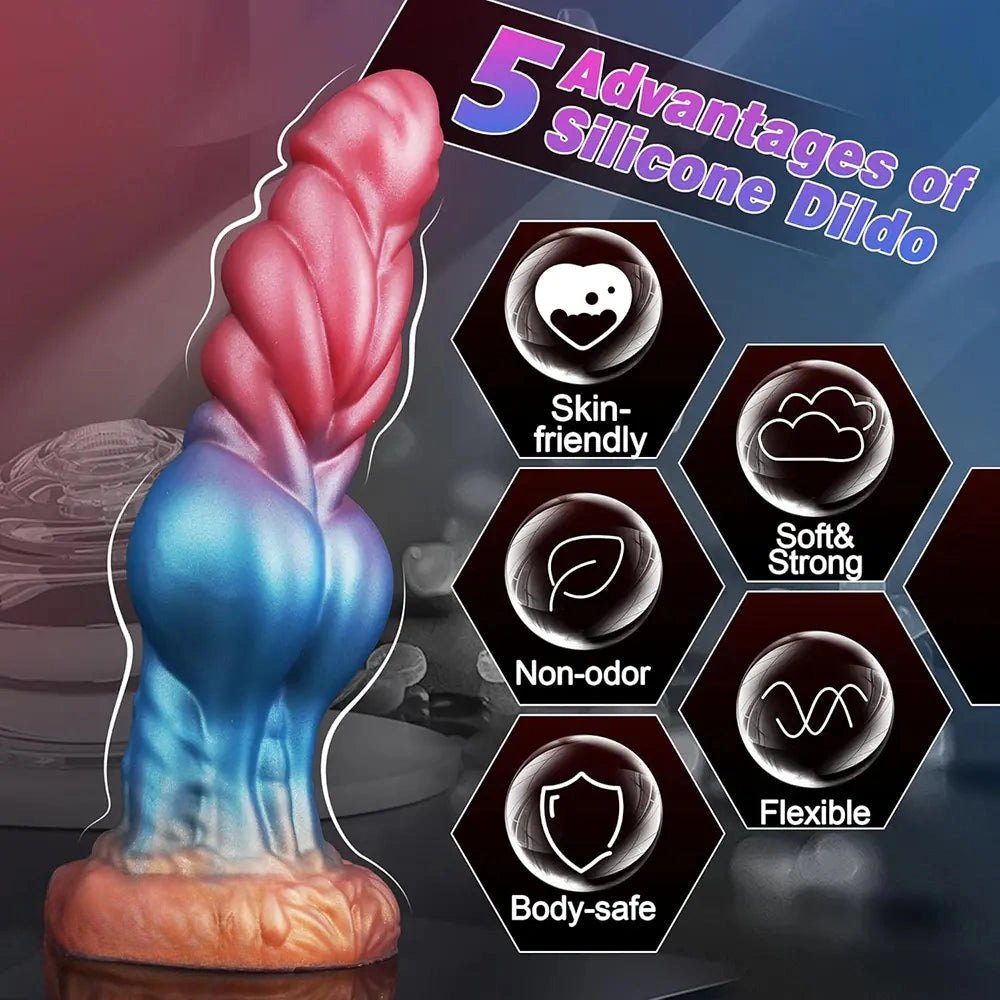 Blue to pink ombre silicone knot dildo with feathered ridges, photo 3