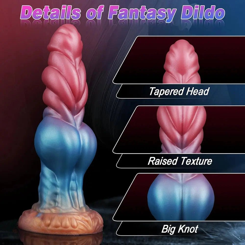 Blue to pink ombre silicone knot dildo with feathered ridges, photo 4