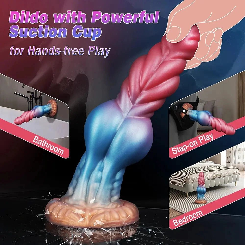Blue to pink ombre silicone knot dildo with feathered ridges, photo 5