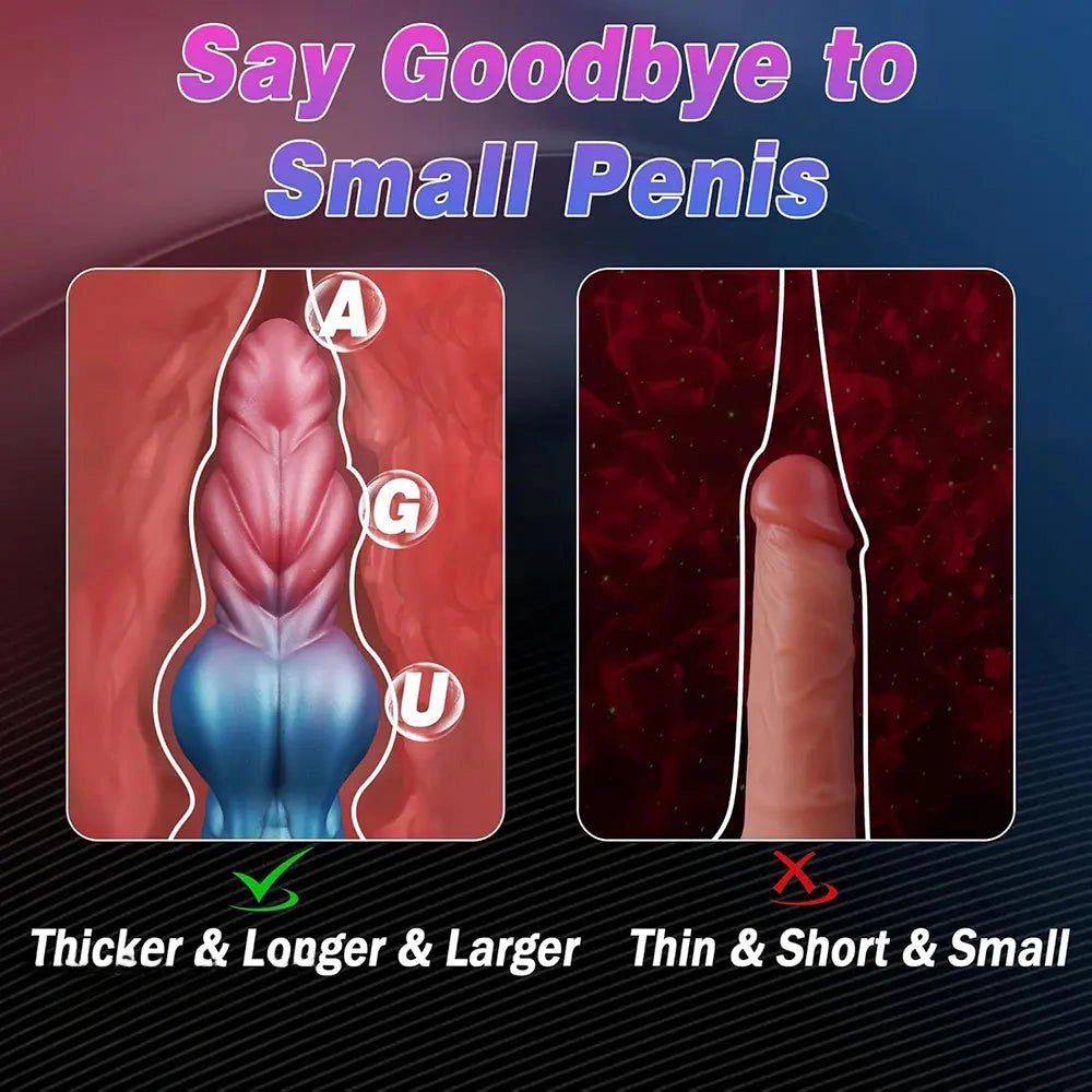 Blue to pink ombre silicone knot dildo with feathered ridges, photo 6