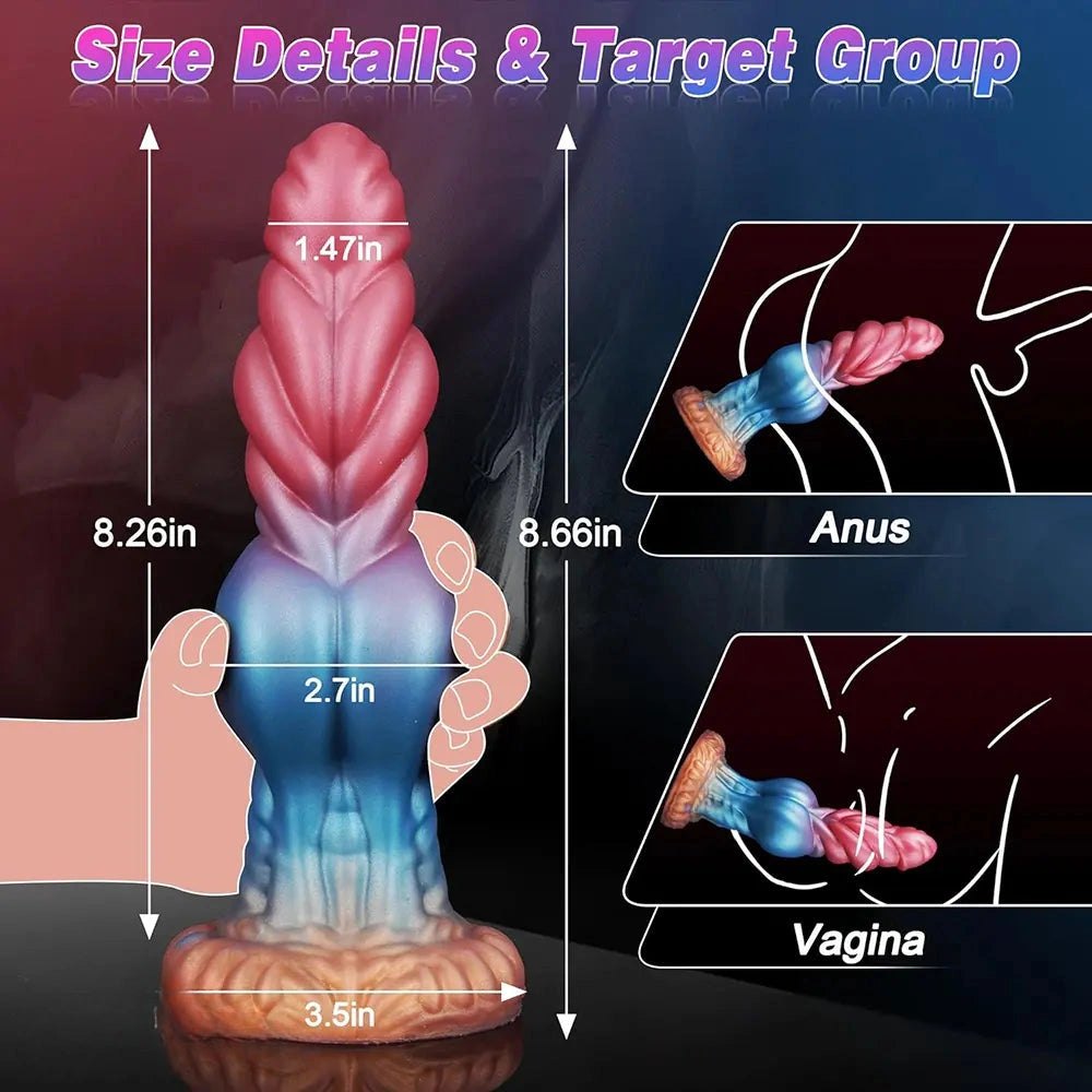 Blue to pink ombre silicone knot dildo with feathered ridges, photo 7