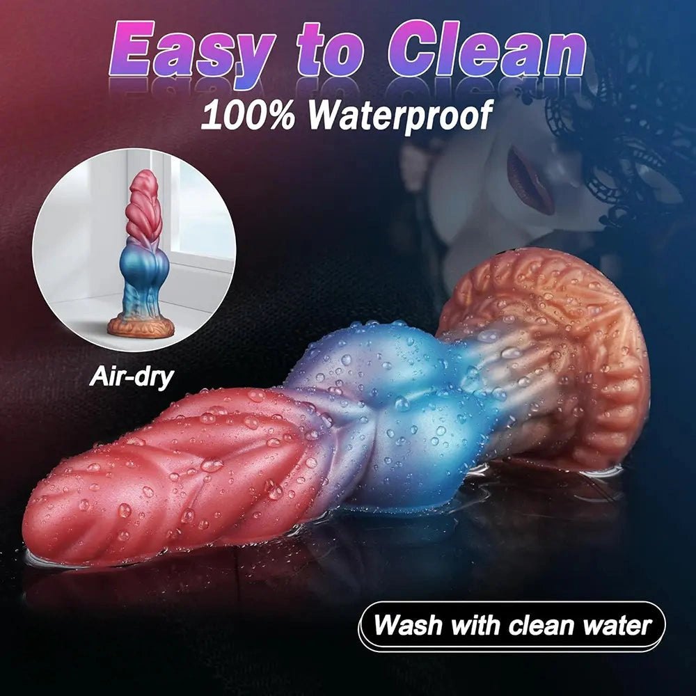 Blue to pink ombre silicone knot dildo with feathered ridges, photo 8