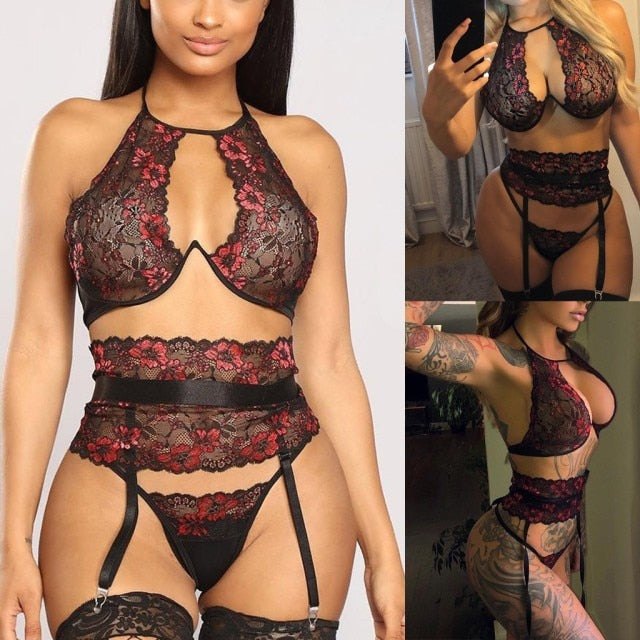 Black plunge floral lace wire free bra set