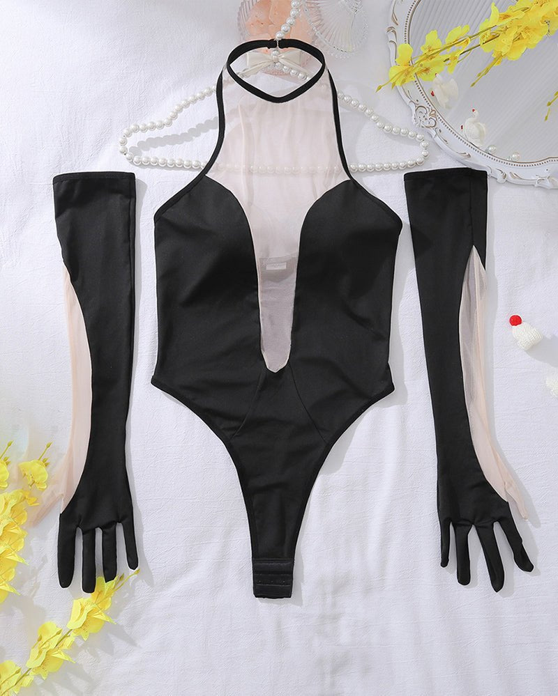 Plunging nude mesh panel bodysuit, photo 5
