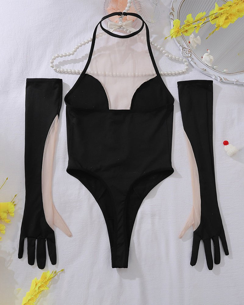 Plunging nude mesh panel bodysuit, photo 6