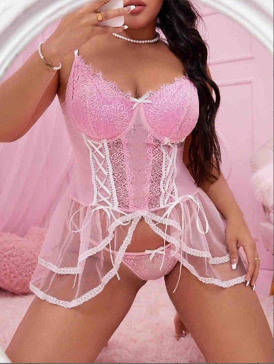 Pink plus size backless lace babydoll set