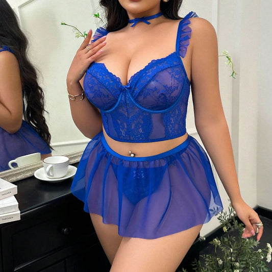 Plus size blue lace mesh three piece set, photo 2