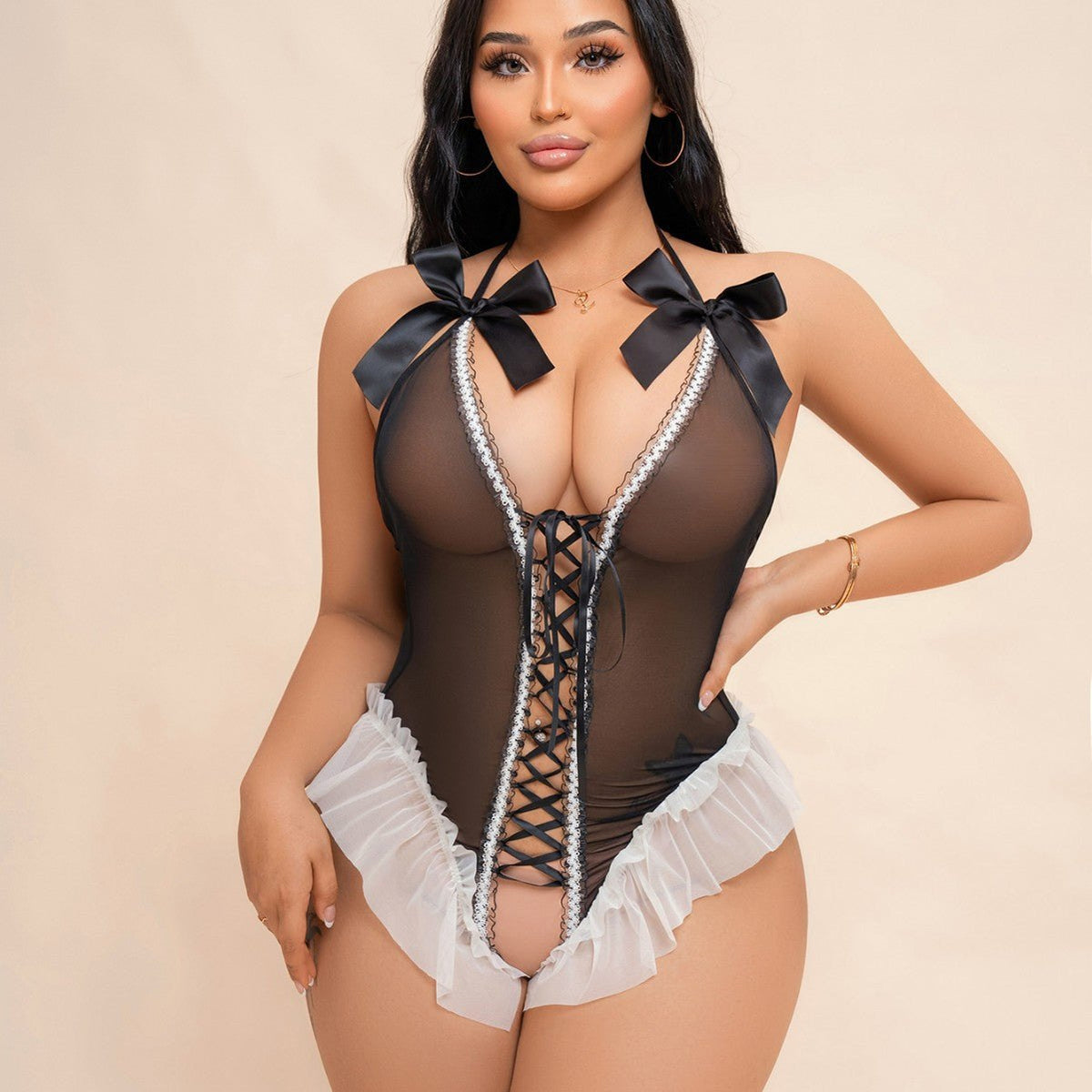 Black plus size bow tie halter lace bodysuit