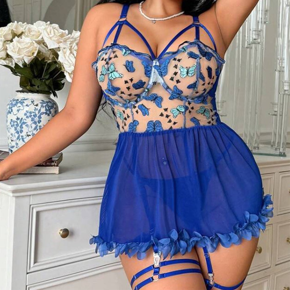 Blue plus size butterfly embroidered lace babydoll set