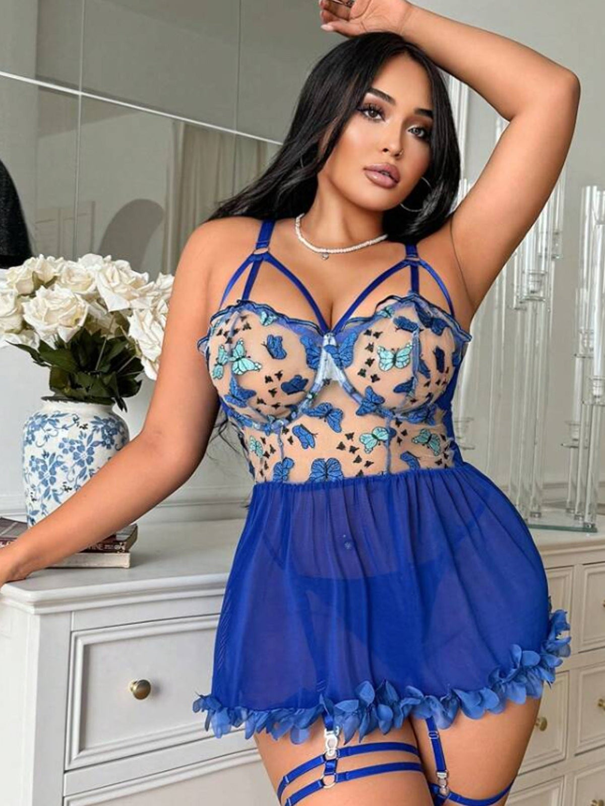 Plus size butterfly embroidered lace babydoll set, photo 10