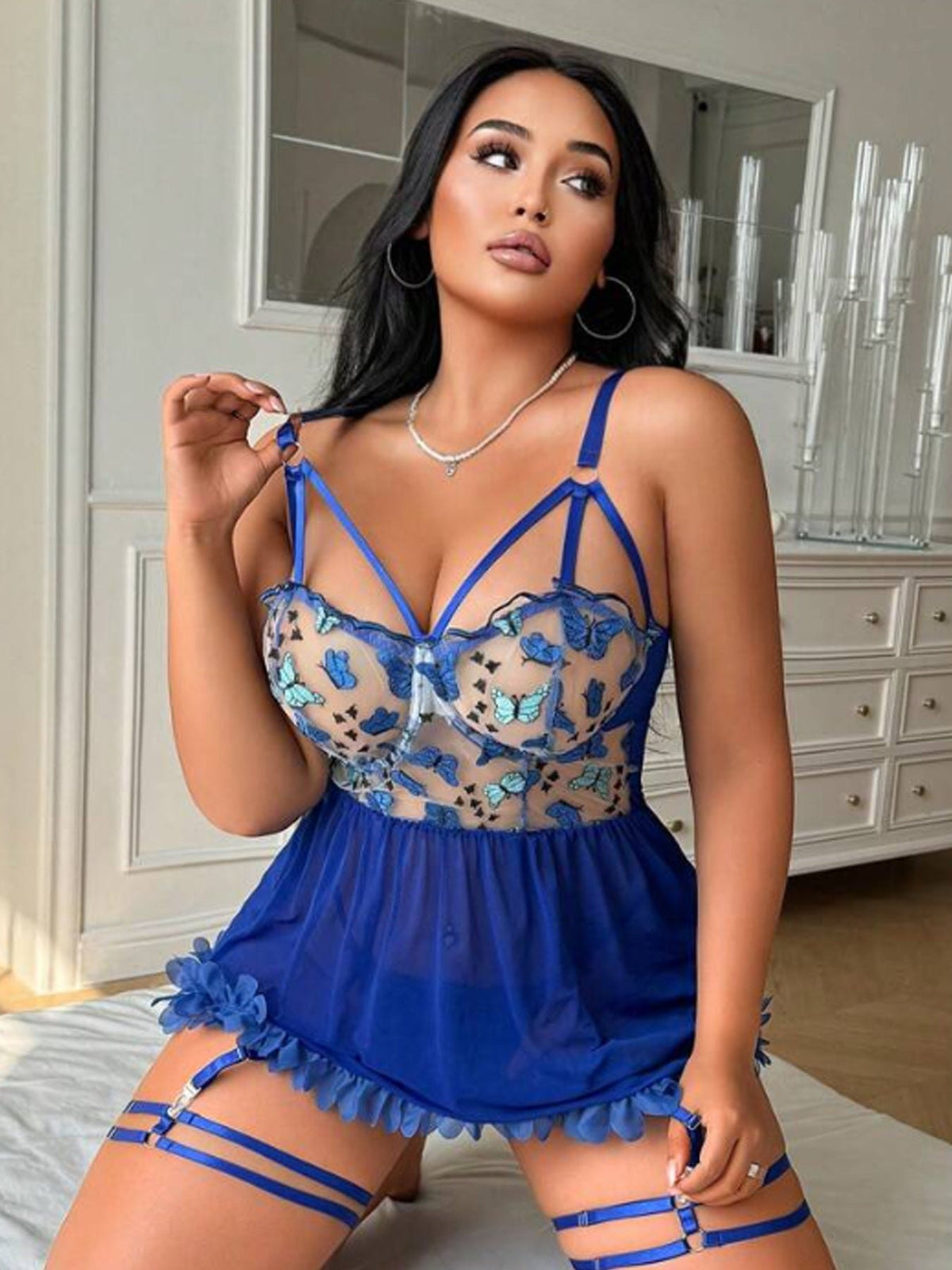 Plus size butterfly embroidered lace babydoll set, photo 11