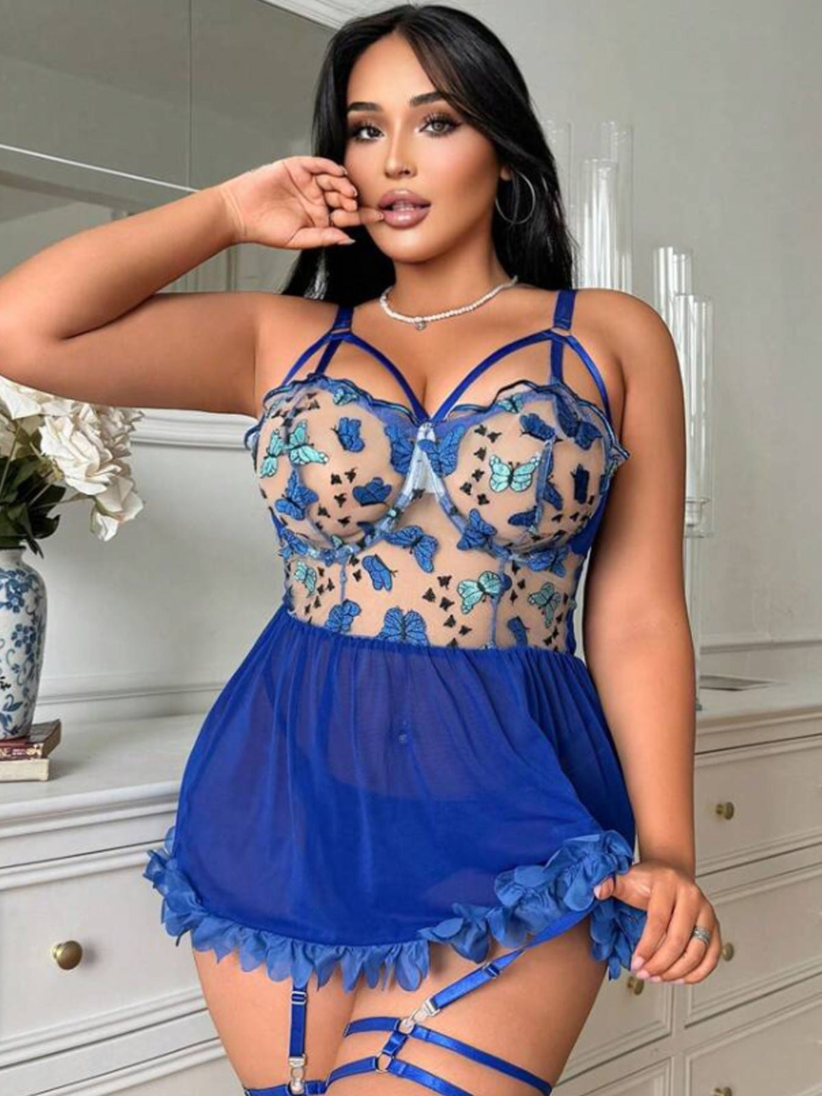 Plus size butterfly embroidered lace babydoll set, photo 7