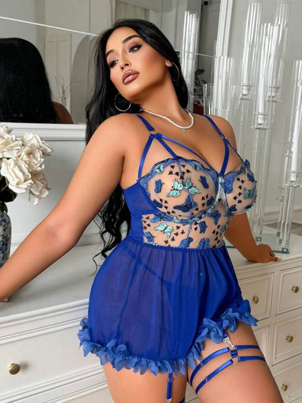 Plus size butterfly embroidered lace babydoll set, photo 8