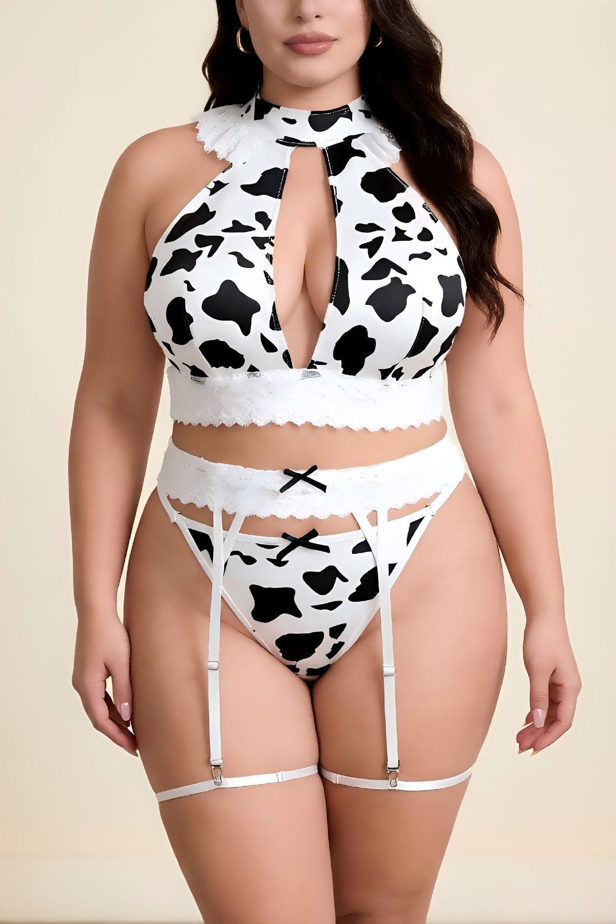 White plus size cow print lace garter set