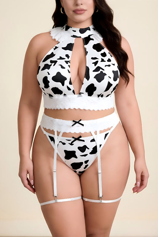 White plus size cow print lace garter set