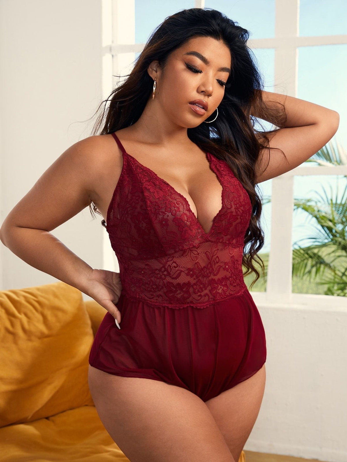 Red plus size crotchless halter teddy lace mesh
