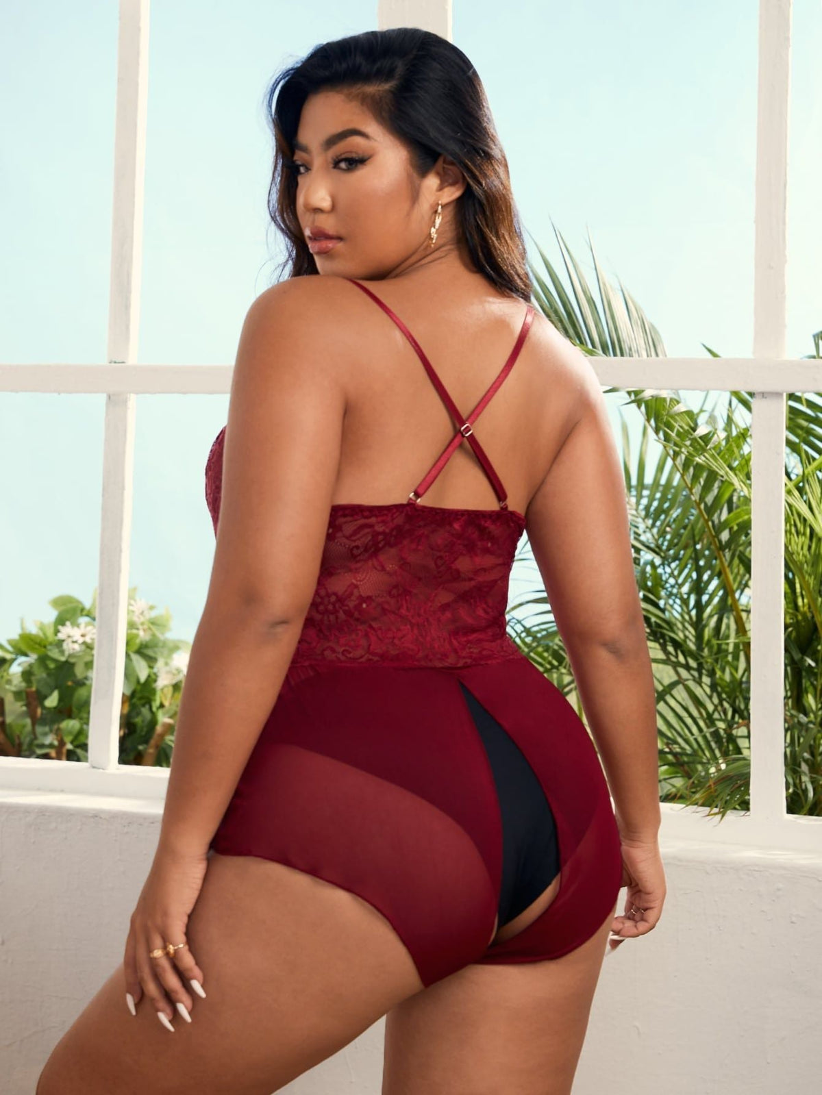 Plus size crotchless halter teddy lace mesh, photo 5