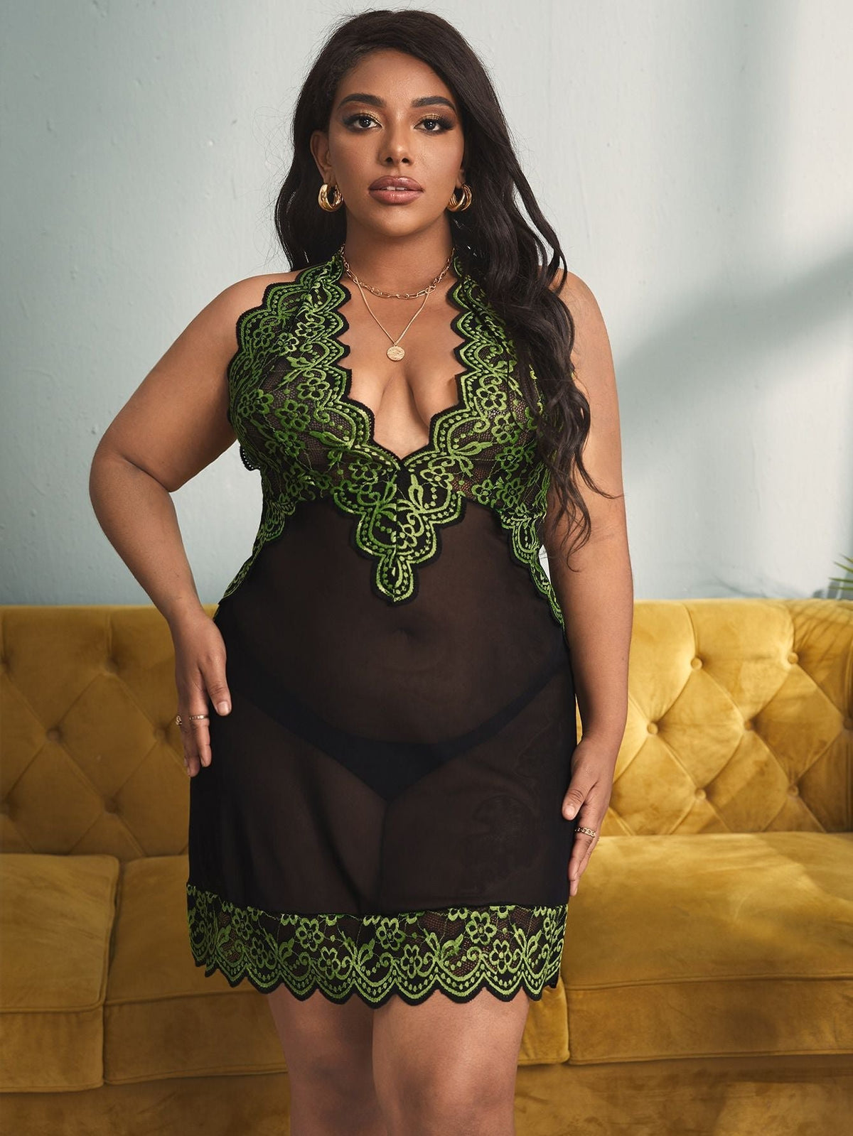 Green plus size deep v halter lace nightdress