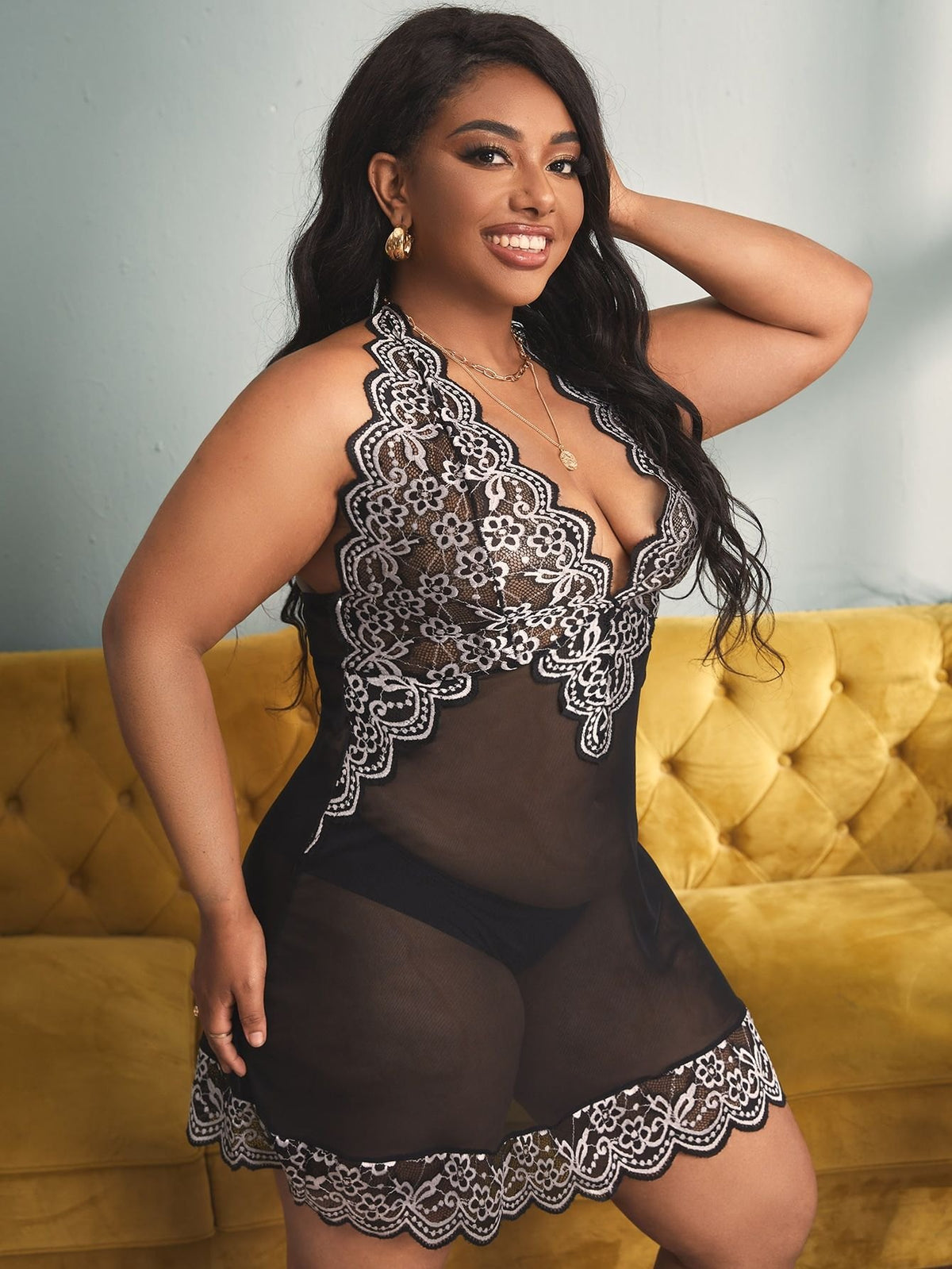 White plus size deep v halter lace nightdress