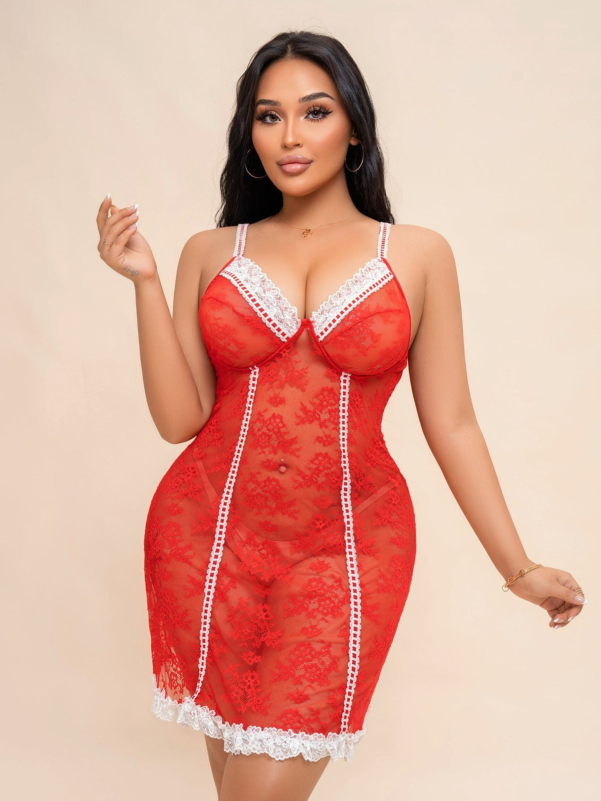 Red plus size deep v lace sheer chemise