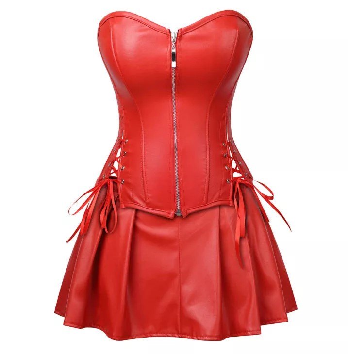 Red plus size faux leather corset skirt set