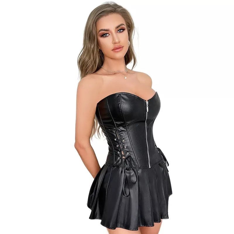 Plus size faux leather corset skirt set, photo 3