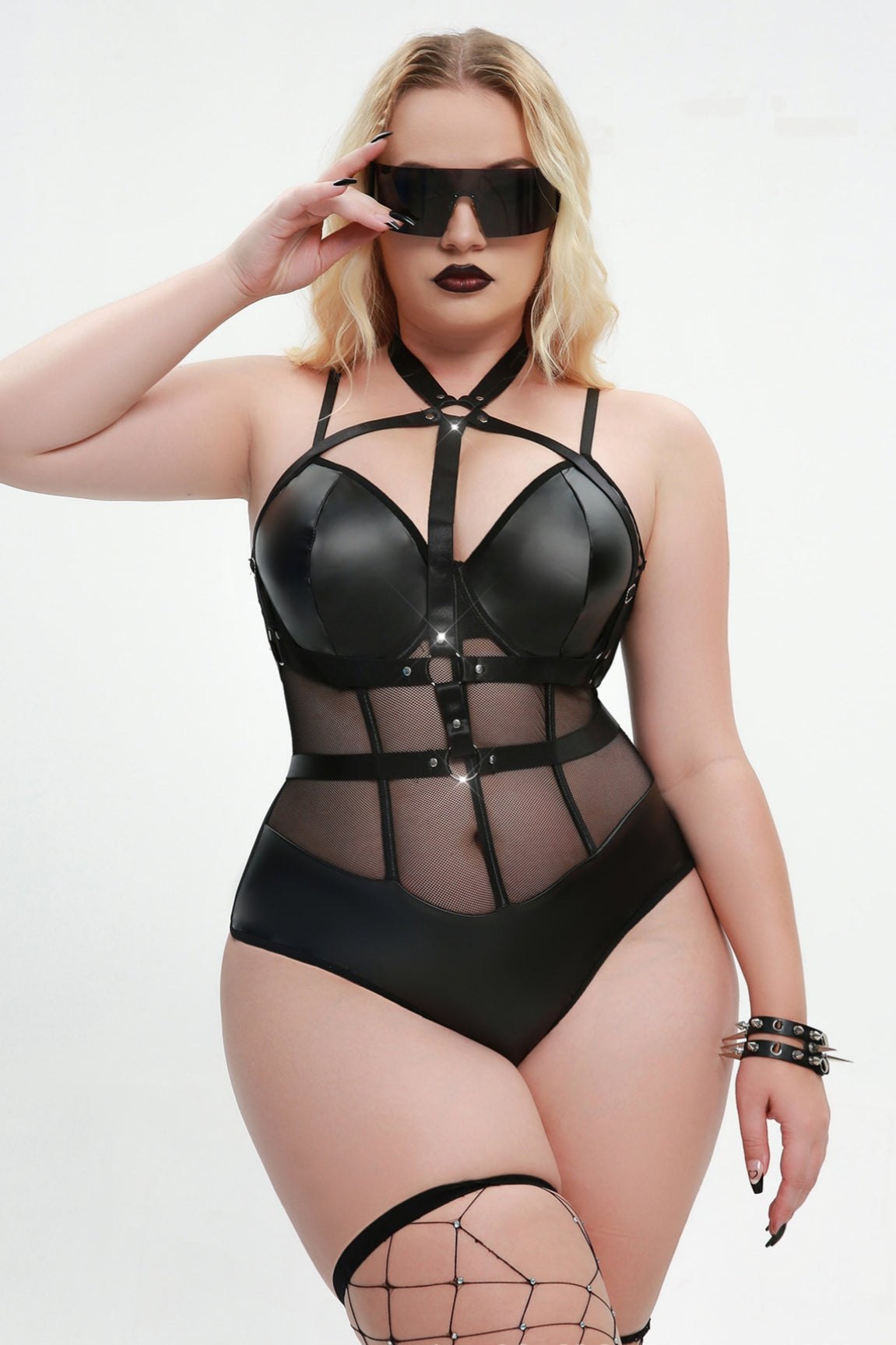 Plus size faux leather fishnet bodysuit, photo 2