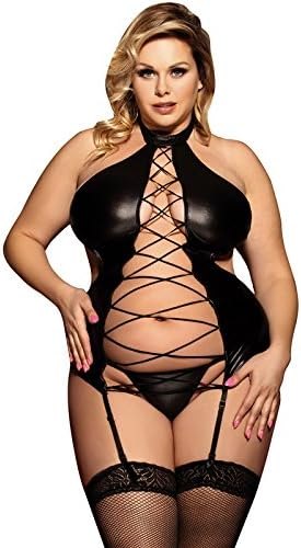 Black plus size faux leather garter teddy bodysuit