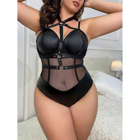 Plus size faux leather harness mesh bodysuit, photo 1