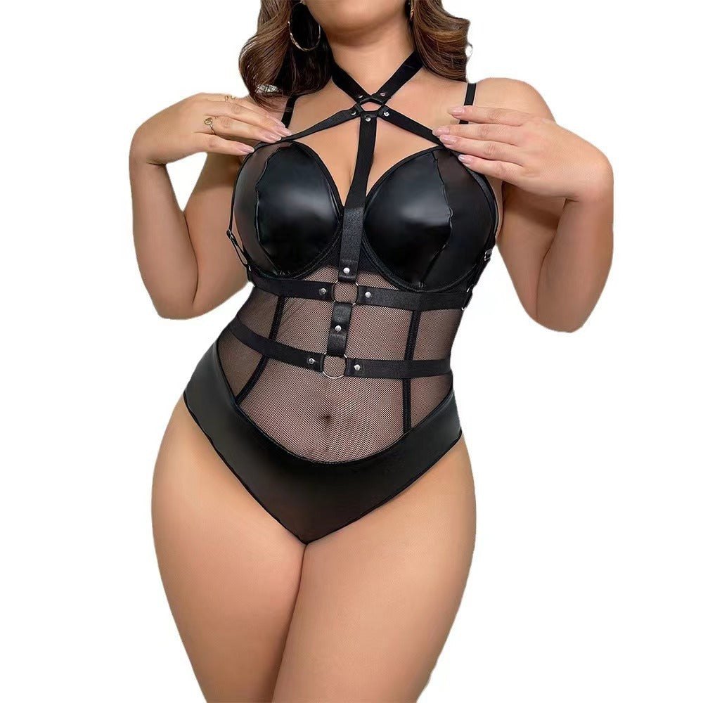 Plus size faux leather harness mesh bodysuit, photo 5
