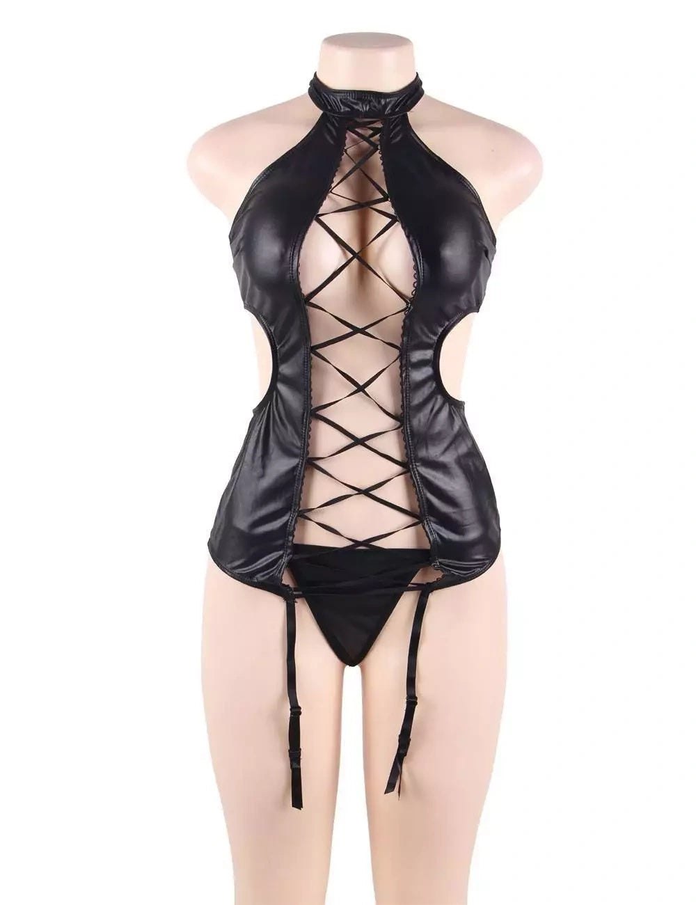 Plus size faux leather lace up halter bodysuit, photo 5