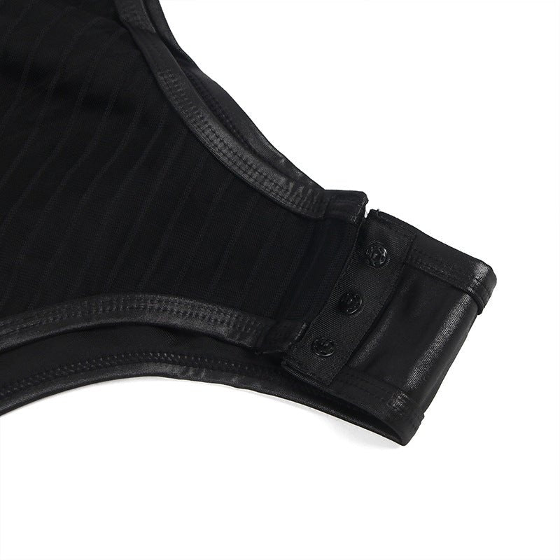 Plus size faux leather striped mesh teddy, photo 4