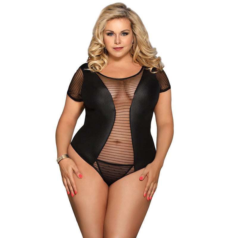 Plus size faux leather striped mesh teddy, photo 5