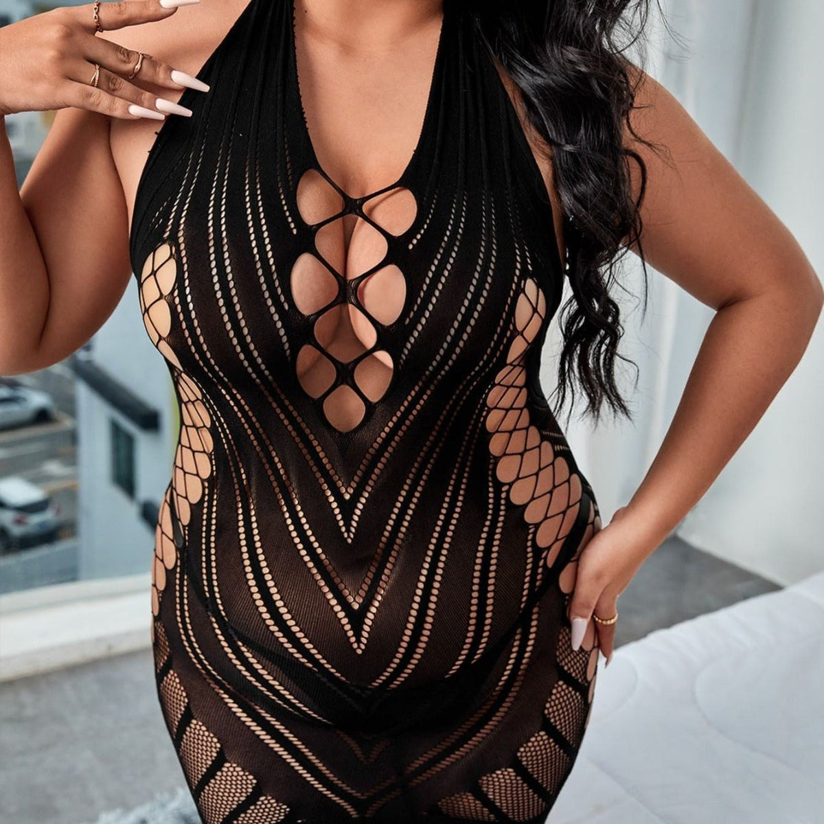 Black plus size fishnet hollow out halter dress