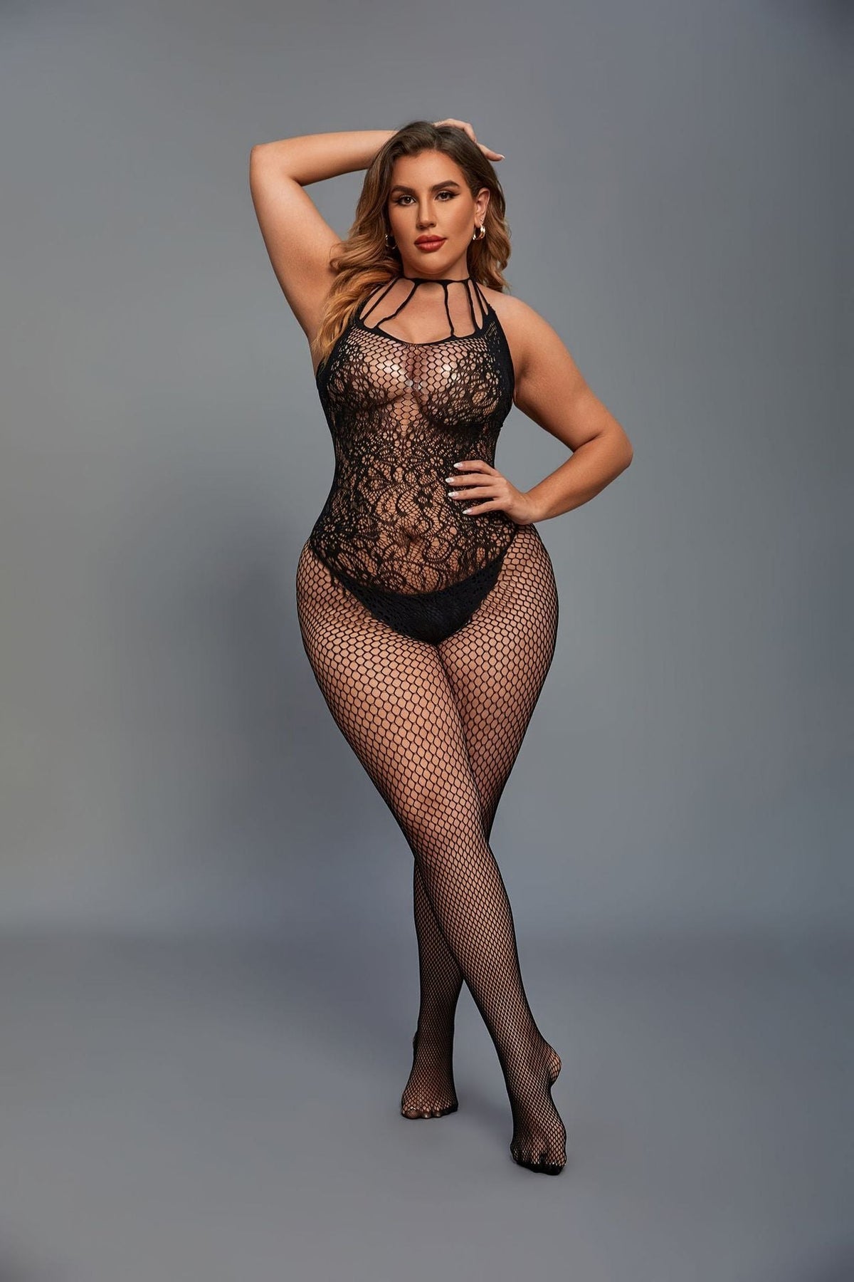 Black plus size fishnet open crotch bodysuit
