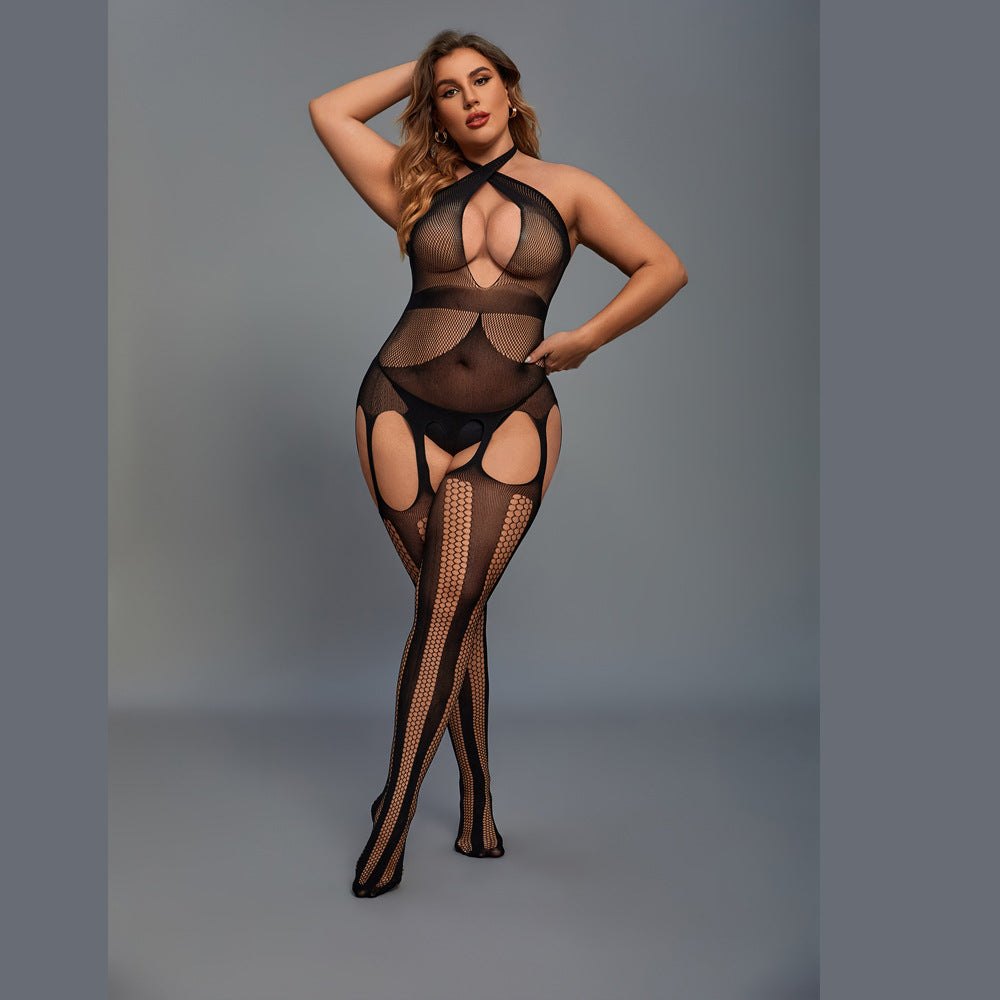 Black plus size fishnet open crotch teddy