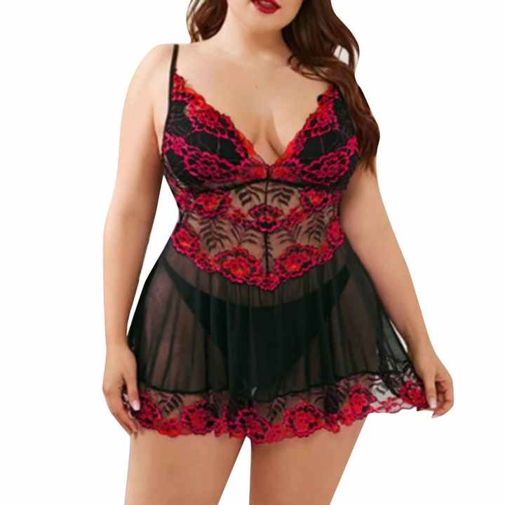 Red plus size floral lace sling babydoll dress