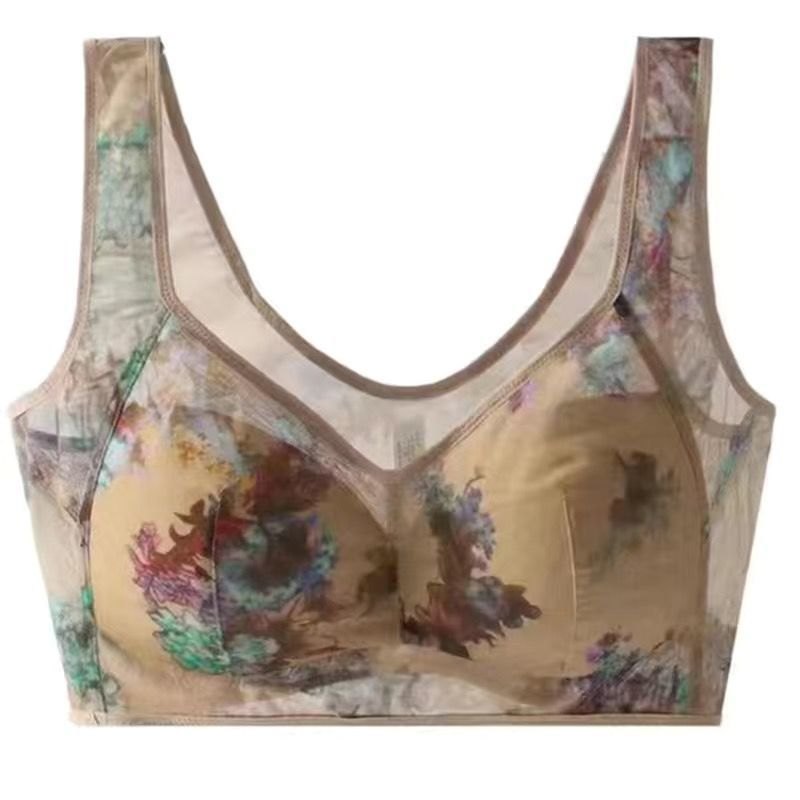 Beige plus size floral print wireless vest bra