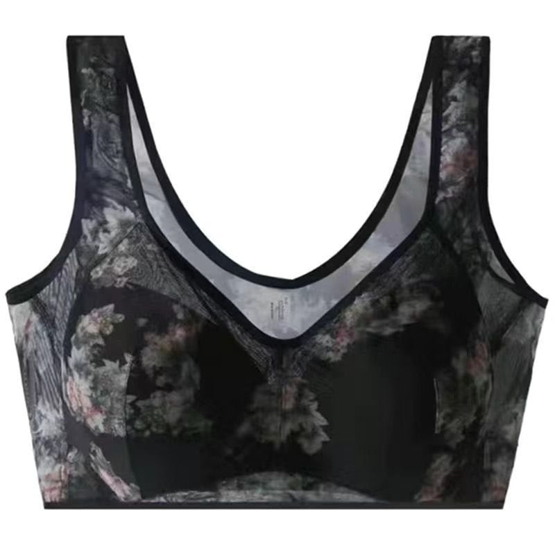 Black plus size floral print wireless vest bra