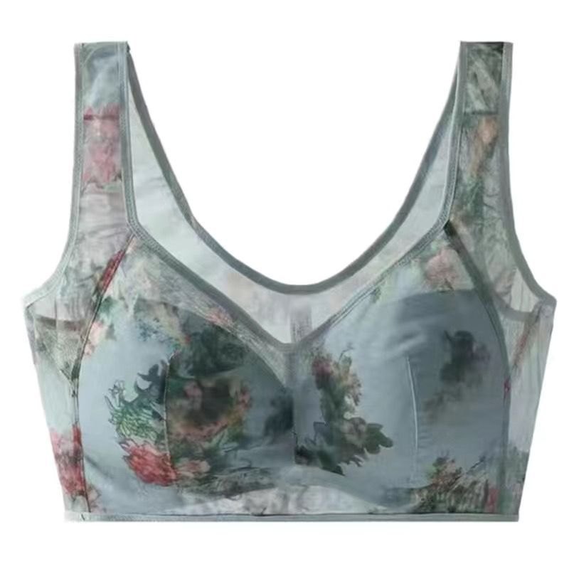 Blue plus size floral print wireless vest bra