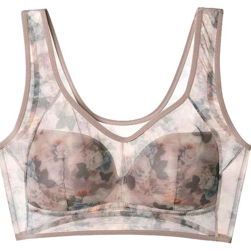 Brown plus size floral print wireless vest bra